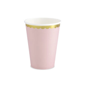 vasos de papel rosa con borde dorado